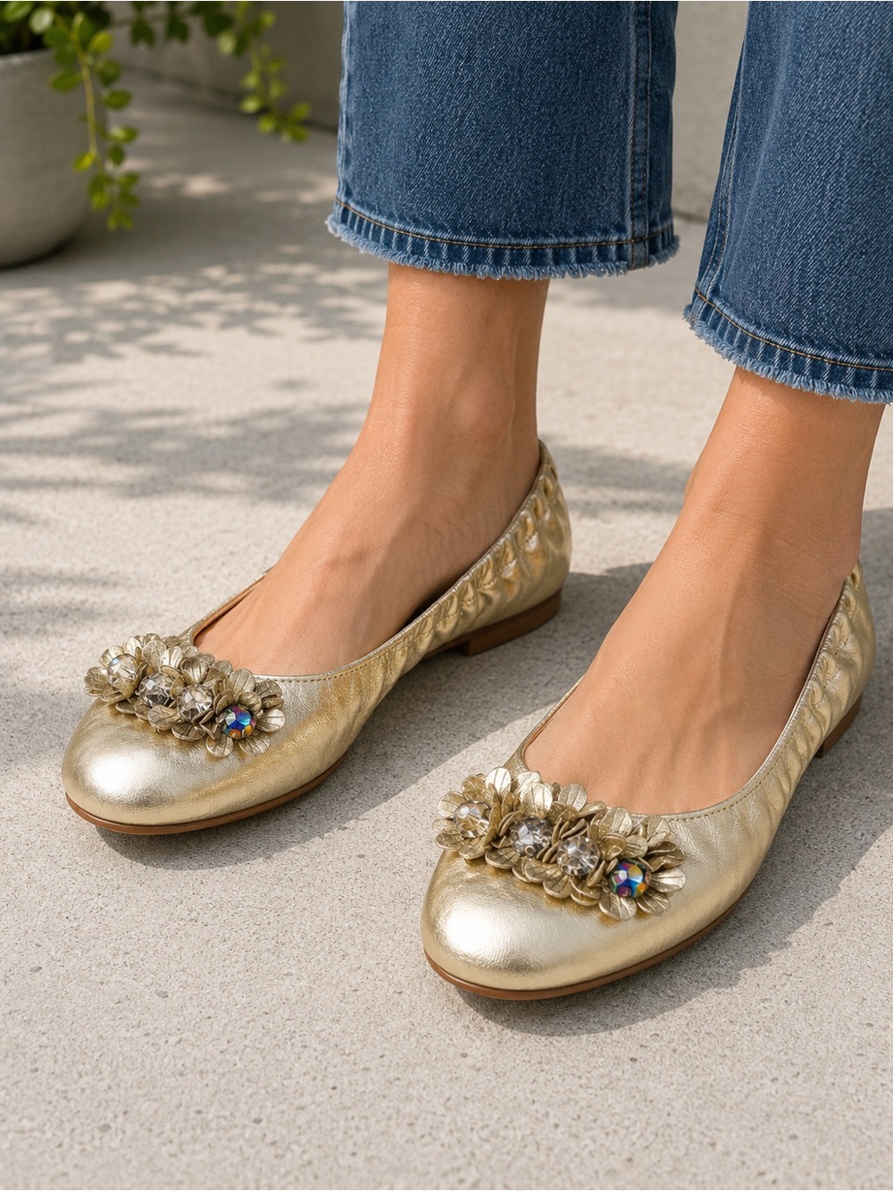 Marc Fisher Gold Quilted Leather Floral Embellished Ballet Flats